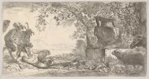 Castiglione Gallery: Pan reclining at left with two standing satyrs, a large vase on a pedestal at right, ca