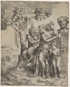 Giulio Prints: Pan seated near a female figure holding a cornucopia (a nymph or Pomona), at right