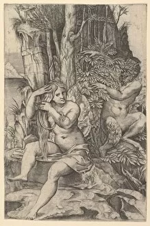 Raimondi Gallery: Pan spying on the nymph Syrinx who is seated on a rock, combing her hair, ca. 1516-20