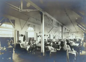 Workman Prints: Panama Canal construction workers (American and European) dining in the Isthmian Canal