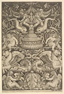 Ornament Prints: A panel of ornament with a large jar in centre, putti and other figures, 1530-60