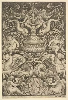 Die Master Of The Collection: A panel of ornament with a large jar in centre, putti and other figures, 1530-60