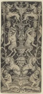 Beasts Prints: Panel of Ornament with Two Naked Children on Monstrous Beasts
