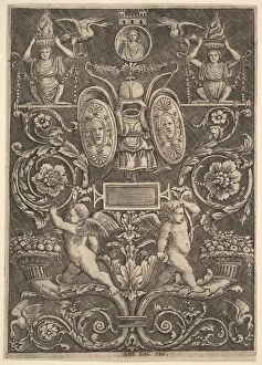 Master Of The Gallery: A panel of ornament, putti standing on cornucopia in lower section, 1530-60