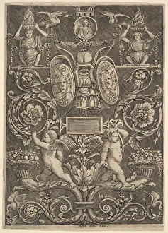 Master Of The Prints: A panel of ornament, putti standing on cornucopia in lower section, 1530-60