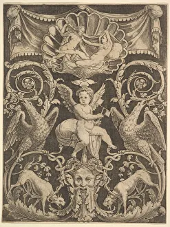 Master Of The Prints: A panel of ornament with a putto in the centre holding a windmill, 1532