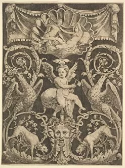 Die Master Of The Collection: A panel of ornament with a putto in the centre holding a windmill, 1532