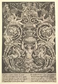 Die Master Of The Collection: A panel of ornament with a woman holding a vase in centre, 1532