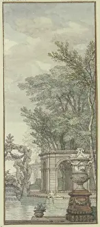 Waters Edge Prints: Panel, park view with waterworks and artificial rock, c1690s. Creator: Isaac de Moucheron