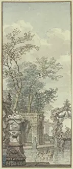 Boating Prints: Panel, park view with waterworks and artificial rock, c1690s. Creator: Isaac de Moucheron