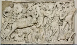 Abduction Collection: Panel from a Sarcophagus Depicting the Abduction of Persephone, 190-200. Creator: Unknown