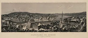 Birds Eye View Prints: Panorama of Zurich seen from the St. Peter Church. Creator: Dikenmann, Rudolf (1793-1883)