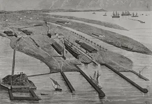Panoramic view of the Carenas Dike of Messrs. A. Lopez y Cia. at Matagorda Beach, Cadiz, Spain, 1878. Creators: Rafael Monleon, Bernardo Rico