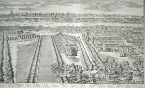 Hove Prints: Panoramic view of the City of London and Westminster showing St Jamess Park, 1730