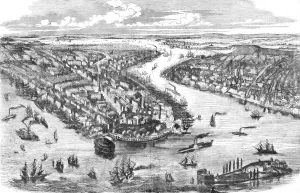 River Hudson Prints: Panoramic view of the City of New York, 1854. Creator: Unknown