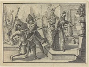 Pantaloon and the Doctor Fighting with Columbine and Brigatella in the Garden, c. 1729. Creator: Johann Jakob Schübler