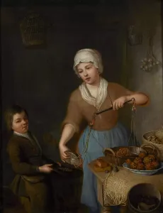 Peasant Girl Prints: A pantry scene with a maid and boy weighing hazelnuts