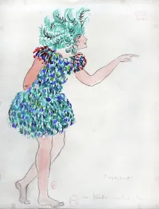 Papageno. Costume design for the Opera La flûte enchantée by W. A. Mozart, 1922. Creator: Drésa, Jacques (1869-1929). Papageno. Costume design for the Opera La flûte enchantée by W. A. Mozart, 1922