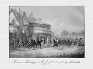 Peterhof Prints: Parade of the Chevalier Guard regiment at the Cottege Palace in the Alexandria Park in Peterhof