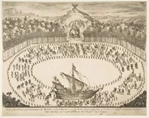 Parade float in the form of a ship, coat of arms of the Grand Duke of Modena at top, 1652