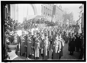 Parade with President Woodrow Wilson and Mrs. Wilson on reviewing stand, between 1910 and 1914. Creator: Harris & Ewing. Parade with President Woodrow Wilson and Mrs. Wilson on reviewing stand, between 1910 and 1914. Creator: Harris & Ewing