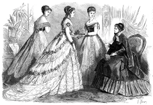 Ball Dress Prints: Paris fashions for February, 1868. Creator: Unknown