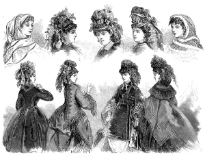 Bonnets Prints: Paris fashions: head-dresses and mantles, 1871. Creator: Unknown
