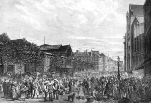 Wagons Prints: The Paris Halles Centrales at daybreak, 1869. Creator: Unknown