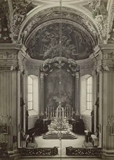 Parish Church of the Corpus Christi - presbytery with main altar retable, Nyasvizh, around 1930. Creator: Boleslaw Tauroginski