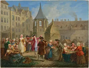 Parisian city scenes: a minuet by the French Garde and The pea sheller in the... Mid 18th cent. Creator: Jeaurat, Etienne (1699-1789)