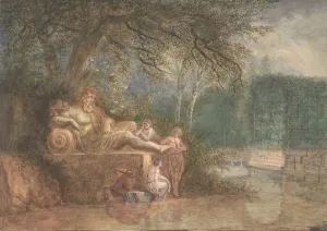 Salomon Gesner Prints: A Park with Figures at a Statue near Water, 1775 (?). Creator: Salomon Gessner