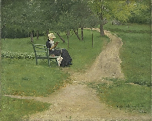 Garden Path Prints: Park landscape with reading Woman, 1882. Creator: Sofie Werenskiold