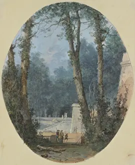 Wove Paper Prints: Park landscape with tall trees and a stone ramp in the middle ground