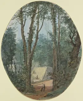 Wove Paper Prints: Park landscape with tall trees and a view of a staircase in the middle ground