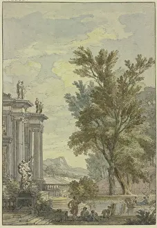 Park view, a building with columns and statues on the left, a basin with a gondola... 17th century. Creator: Isaac de Moucheron