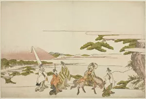 Surimono Collection: Parody of Ariwara no Narihiras eastern journey, c. 1803. Creator: Hokusai