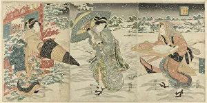 Oban Triptych Prints: Parody of Liu Bei (J: Gentoku) Visiting Zhuge Liang (J: Komei) in Wind and Snow