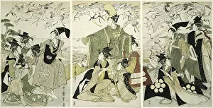 Cranes Gallery: Parody of Minamoto no Yoritomo releasing cranes at Yuigahama, Japan, c. 1805