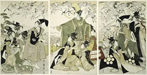 Setting Free Prints: Parody of Minamoto no Yoritomo releasing cranes at Yuigahama, Japan, c. 1805