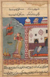 The parrot addresses Khujasta at the beginning of the twenty-seventh night, recto of folio 185
