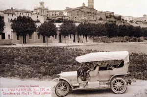 Partial view of Castelltercol (Barcelona), with a car on the road to Moià