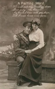 Parting Prints: A Parting Word, romantic postcard featuring a soldier and his sweetheart