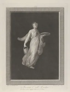 Franzetti Agapito Prints: A partly naked bacchante holding a disk in her raised left hand and a bucket in h... ca