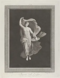 A partly nude bacchante holding a disk in her left hand and raising her garments... ca