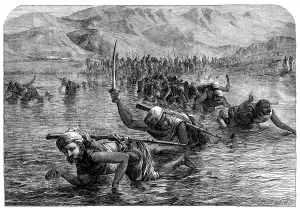 Paddling Prints: A party of Wuzurees crossing the Indus on water-jars, 1864. Creator: Mason Jackson
