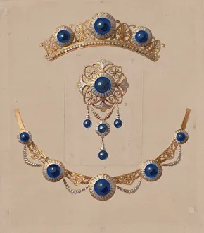 Enamel Prints: Parure of diadem, brooch and necklace with lapis lazuli and enamel, ca. 1830-70