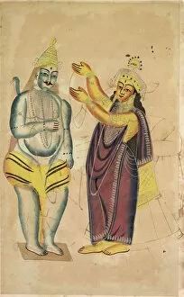 Kalighat Painting Gallery: Parvati Placing a Wedding Garland on Shiva, 1800s. Creator: Unknown