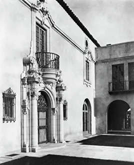 Mi Sueno Prints: Pasadena, California, Mrs. Herbert Coppell home - detail of ornate doorway and balcony above