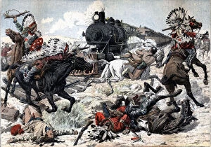 Arizona Collection: Passengers train, attacked by a tribe of Red Indians in Arizona, drawing published
