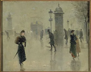 Boulevard Prints: Passers-by on the boulevard on a winter's day, circa 1895. Creator: Unknown